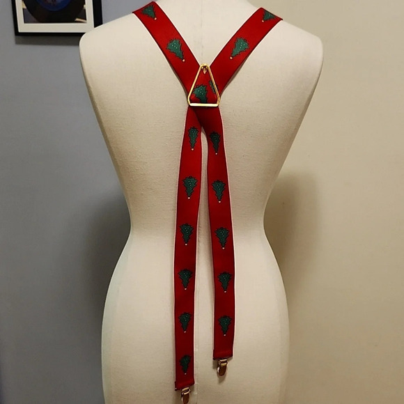 Red Holiday Christmas Tree Suspenders Elastic Adjustable CAS West Germany OS - Picture 5 of 7
